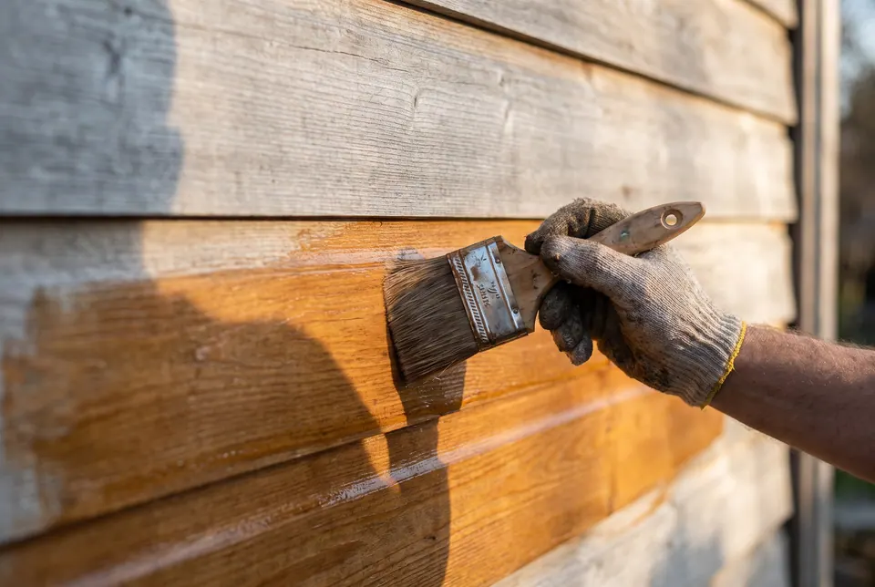 Brush laying stain along cedar lap siding, keeping a wet edge on the board.
