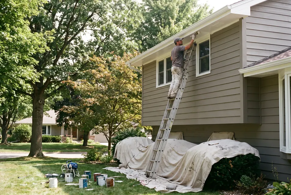 Painter on a ladder brushing fascia board along the roofline of a two-story house.
