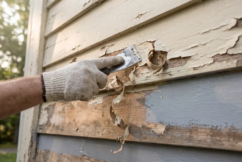 Scraper removing peeling paint from wood siding ahead of primer, with the bare wood exposed.