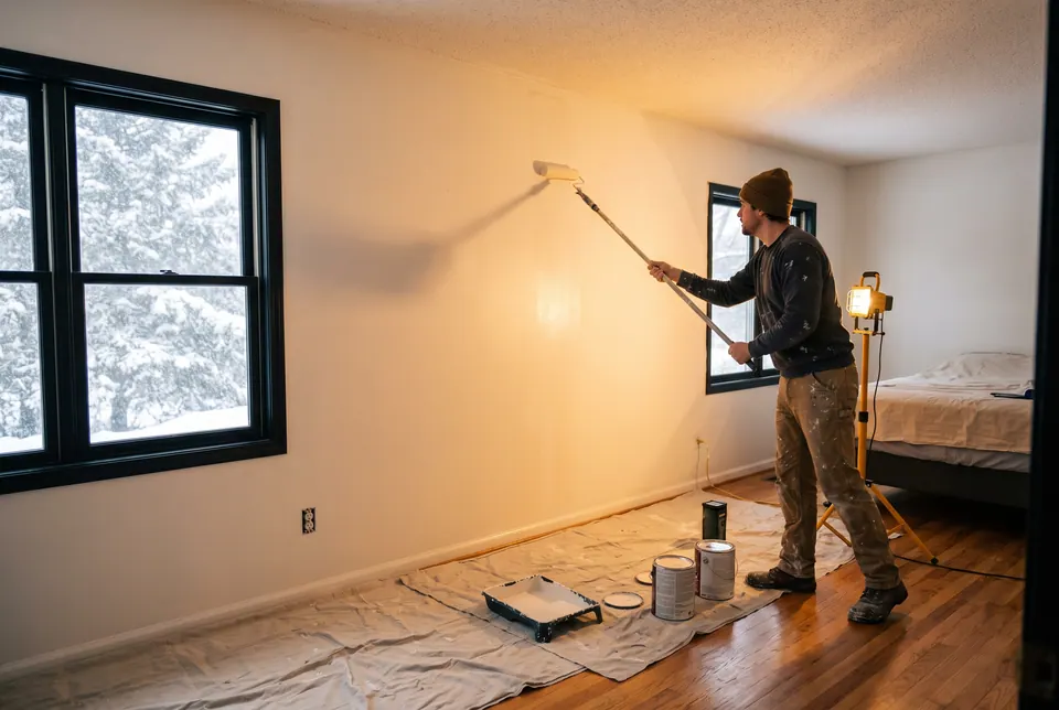 Painter rolling a bedroom wall with snow visible through the window on a Minnesota winter day.